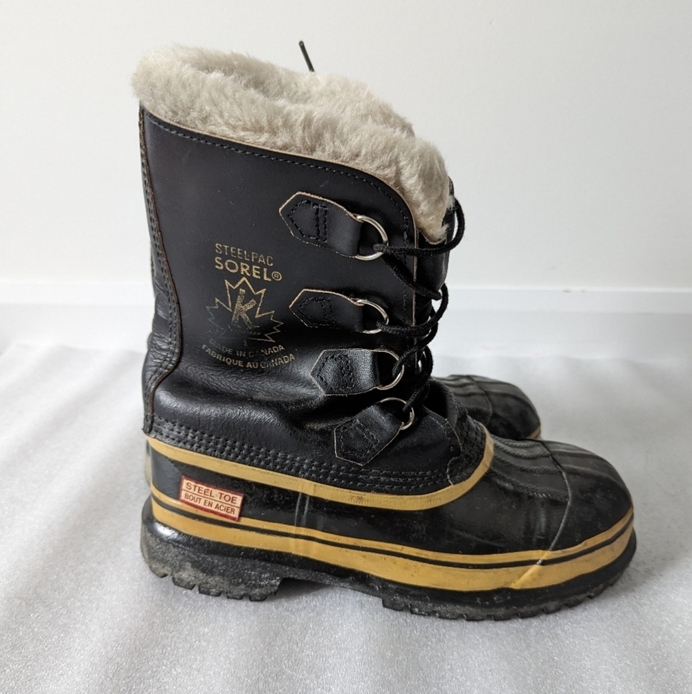 Sorel Steel Pac Winter Snow Boots Black Leather Wool Liner Men's 7.5 Safety Toe